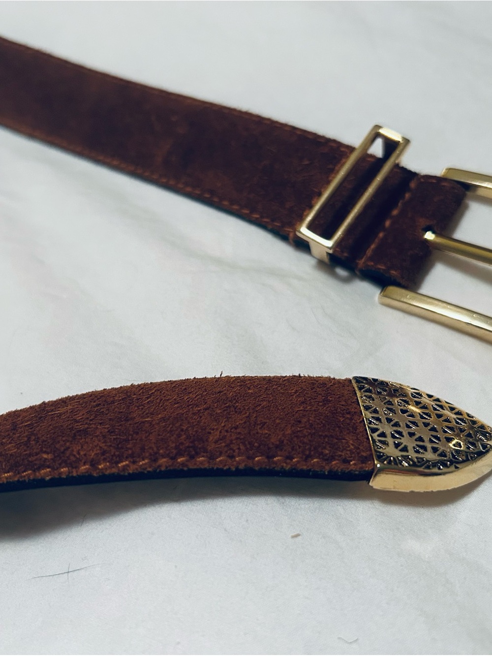 Women’s Brown Suede Belt with Decorative Gold Tip